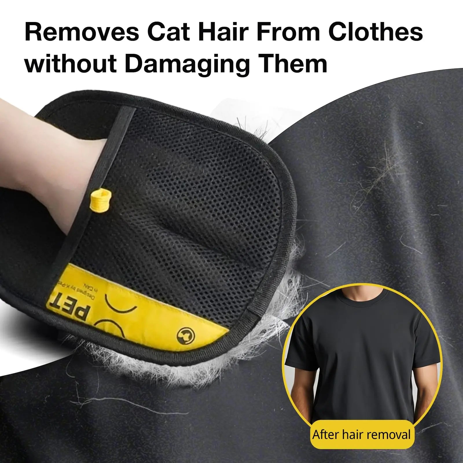 El guante retirando pelo de gato de una camiseta negra